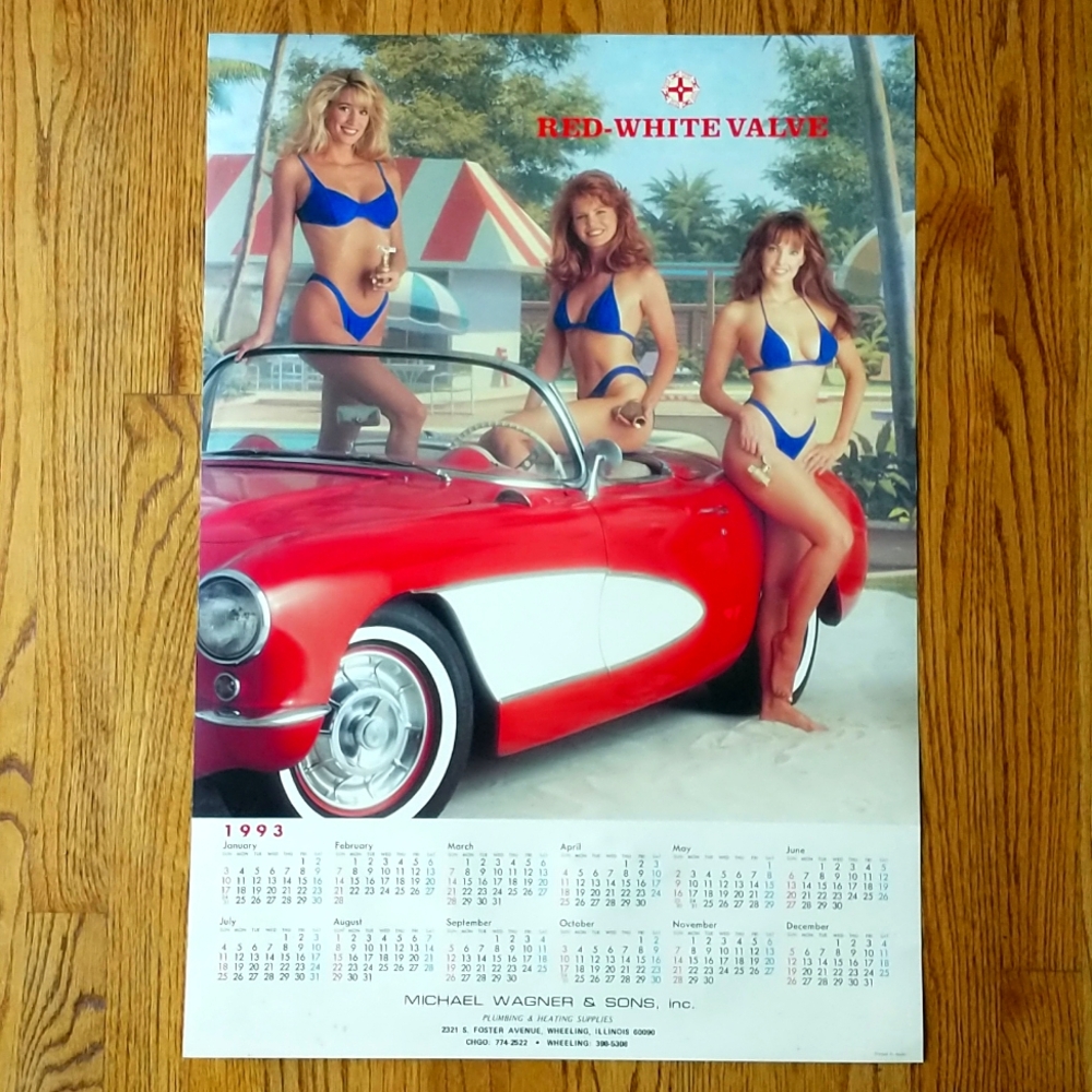 1993 Patriotic Themed Pinup Calendar, Red-White Valve Advertising 1957 Corvette
